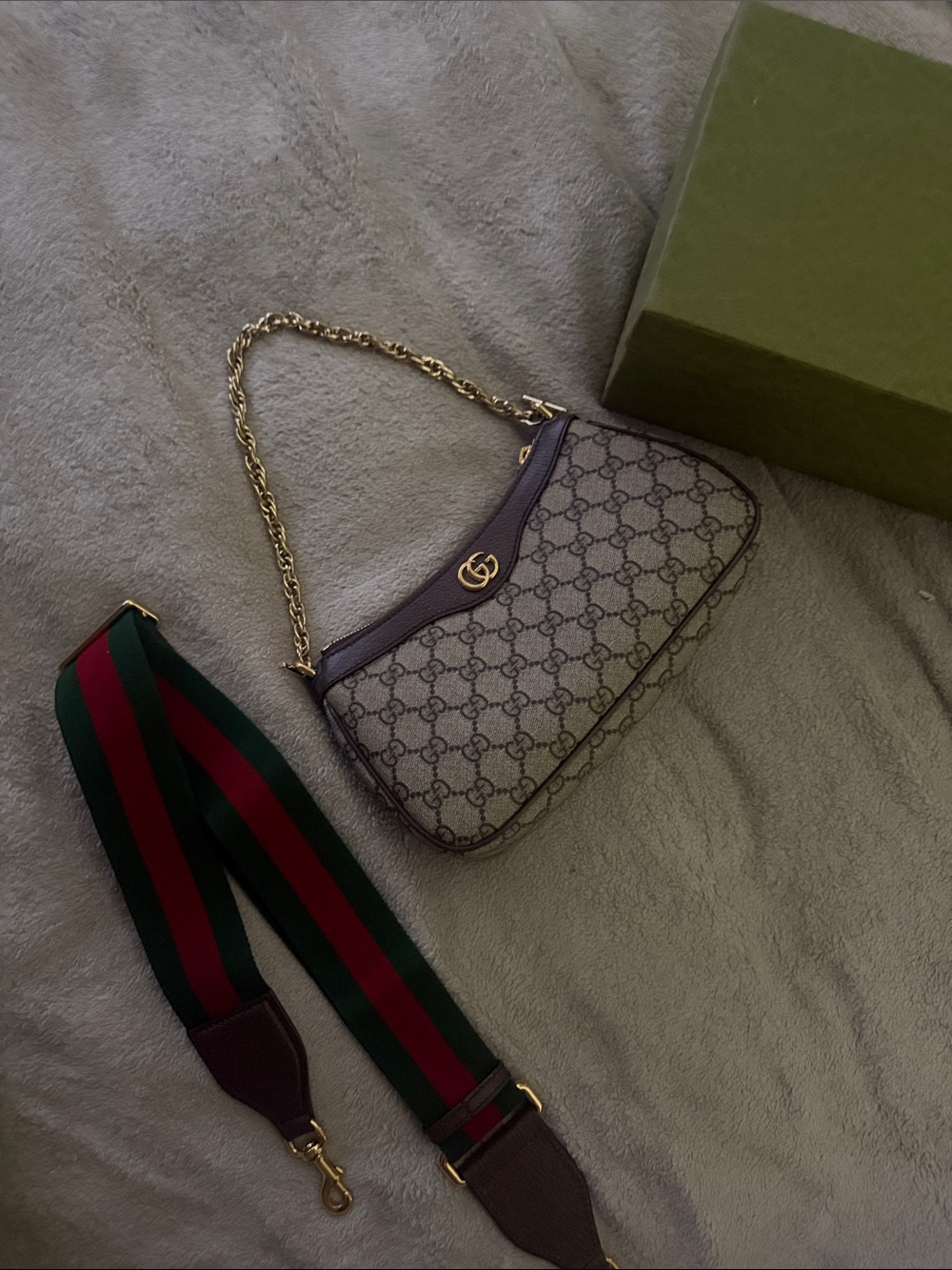 Gucci Beige/Brown GG Supreme Shoulder Bag with Green/Red Web Strap